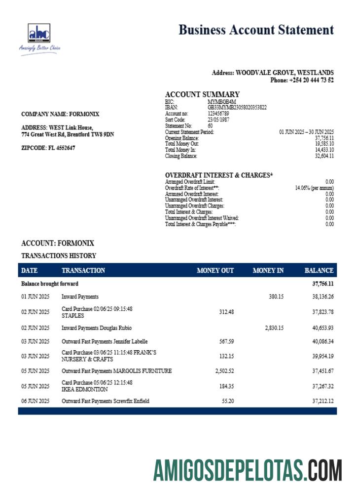Organização ABC do Quênia, extrato de conta corrente em formato Word e PDF, exemplo real